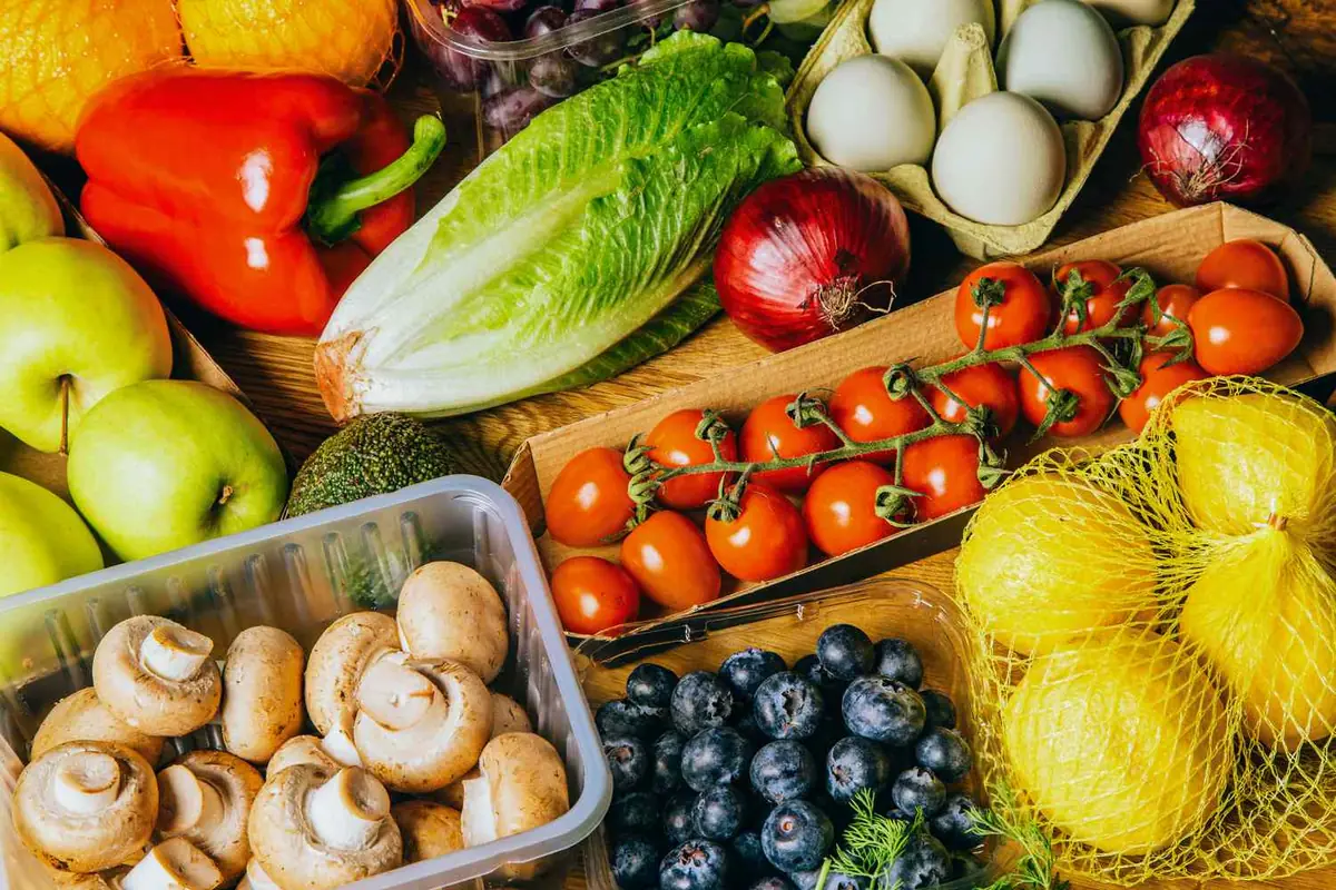 Fresh produce display of seasonal fruits and vegetables